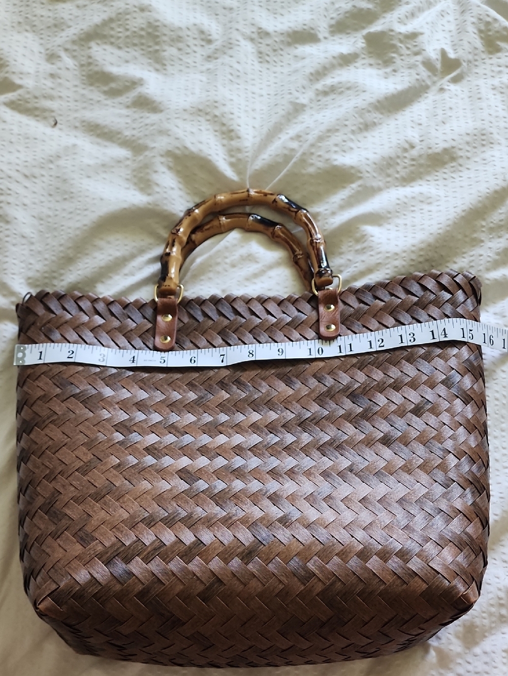 Source Unknown Brown Woven Tote with Bamboo-Style Handles